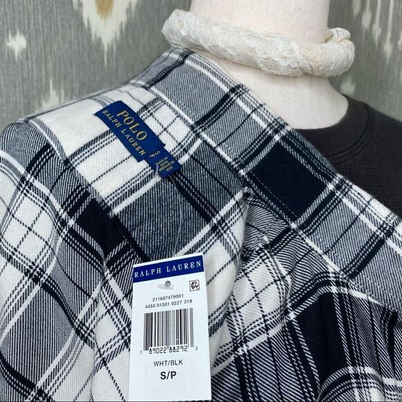 Polo Ralph Lauren Black & White Flannel Embellished Crest Button Up Blouse - Picture 5 of 16